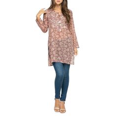 Raj Floral Petal Tunic This tunic is embellished with contrast stitch embroidery. Made with sheer light weight cotton. Effortless casual elegance to wear with denims, shorts, leggings and bikinis.       Side Slits Below Hip. Floral Print     Regular Fit. Small(2-4), Medium(4-6), Large(8-10), XL(12-14)     Material: 100% Cotton     Button Front. Sleeve Length 21"     Care: Wash Deep Colors Seperately      Colors- Blue, Mocha, Sage, Smoke      Imported Casual Stretch Tunic For Spring, Casual Stretch Tunic For Summer, Casual Stretch Tunic, Casual Beach Tunic With Floral Embroidery, Spring Casual Tunic With Floral Embroidery, Casual Spring Tunic With Floral Embroidery, Casual Long Sleeve Floral Print Tunic, Stretch Tunic For Fall, Fitted Casual Tunic Blouse