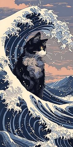 a black and white cat sitting on top of a wave in front of the ocean