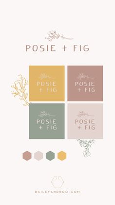 the logo for posie and fig is shown in four different colors, including pink, green