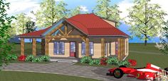 this is an artist's rendering of a small cabin style house with porches