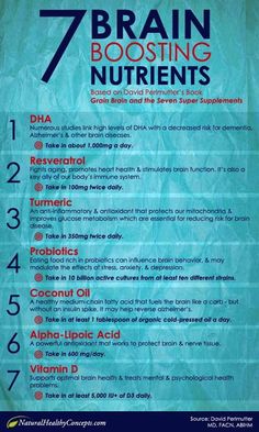 7 Brain Boosting Nutrients: DHA, reservatrol, turmeric, probiotics, coconut oil, alpha-lipoic acid, and vitamin D. #readyforten Grain Brain, Nutrition Sportive, Brain Booster, Alpha Lipoic Acid, Healthy Brain, Brain Food, Natural Health Remedies