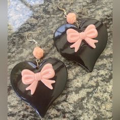 Heart Chunky Black With Rose Bead And Bow Knot Center Cabachon Raver Goth 1990s 1980s Style Open Love Lovers Post Stud Oversized Earring Large Big Diva Glam Basketball Wives Enlarged Size These Are Large 3" Long Earrings Lightweight Plastic Acrylic Cute Black Party Earrings, Retro Pink Earrings For Party, Retro Pink Party Earrings, Peach Vintage, Movie Ideas, Bridal Statement Earrings, Basketball Wives, 1980s Style, Bubble Earrings