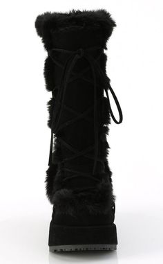 Kick winter hard in the CUBBY-311 boots! These mid-calf warmers are made with snuggly af faux suede and trimmed with faux fur. Securing with lace-ups and a full-length side zip, you'll be stomping through the chill in y2k style! The Cubby series features a 2 3/4" (70mm) platform. Calf Circumference (Size 8): 41cmShaft Height (Sine 8): 30.5cm Material: Vegan Faux suede, faux fur. US women's sizing-refer to sizing chart for more info. Black Fur Boots, Boots Demonia, Punk Festival, Demonia Boots, Digital Wardrobe, Dolls Kill Shoes, Goth Clothes, Goth Boots, Demonia Shoes