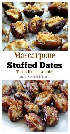 an image of stuffed dates with text overlay that reads mascarpone stuffed dates tastes like pecan pie