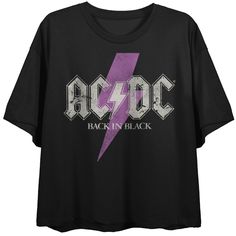 You’re back in black with this cute black cropped tee! This fun crop top features colorful original artwork inspired by your favorite band, ACDC! This comfy tee is made of high-quality, premium cotton materials, and is professionally printed to ensure long-lasting color and print quality. It can be machine washed in cold water with like colors, and tumble dried on low for easy and convenient care. The ACDC Back In Black Purple Lightning Bolt Logo Women’s Black Cropped Tee is an officially licens Cheap Black Band Merch Crop Top, Acdc Mom Shirt, Cheap Black Graphic Cropped T-shirt, Acdc Crop Top, Lightning Bolt Logo, Black Acdc Shirt, Bolt Logo, Lightning Logo, Purple Lightning