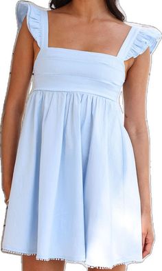 Solid Color Mini Sundress For Brunch, Light Blue A-line Sundress, Mini Dress For Casual Occasions, Day Out Sundress In Solid Color, Solid Color Cotton Mini Dress, Solid Color Mini Sundress For Day Out, Solid Color A-line Mini Dress For Brunch, Chic Fitted Light Blue Sundress, Light Blue Mini Dress For Dress Down Occasions