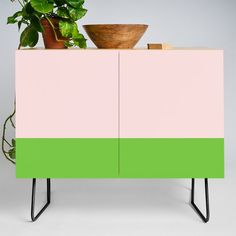 a potted plant sitting on top of a pink and green cabinet next to a wooden bowl