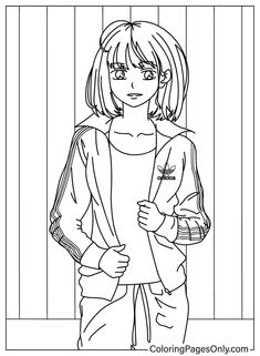 a girl with long hair standing in front of a striped wall coloring page for kids