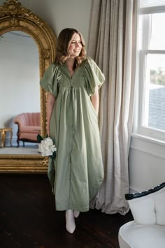 The Annie Dress exudes effortless style with its relaxed, oversized fit and puff sleeves. The deep v neckline adds a touch of elegance, while the smocked top ensures comfort and a perfect fit. This shirt style maxi dress is a versatile and comfortable addition to your wardrobe. Sage Green Dress Flowy, Pastel Dress Outfit, Maxi Dress Aesthetic, Aesthetic Maxi Dress, Casual Maxi Dress Outfit, Tiered Dress Pattern, California Chic, Annie Dress, Outfit Minimal