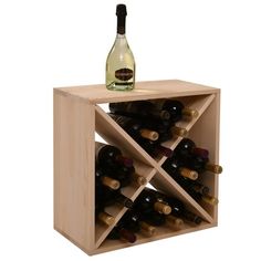 a wooden wine rack with several bottles in it