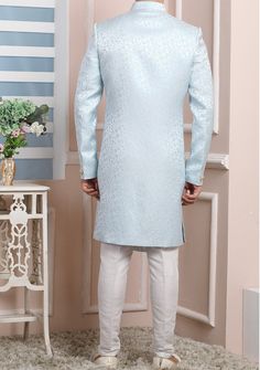 Ready-Made Sherwani With Trouser. Jacquard Brocade Fabric Top. Art Dupion Aligarhi Ready Made Trouser. Crafted in Chinese Collar Neck, and Full Sleeve. Satin Lining with Plain Work. High-Quality Matching Buttons. Please Note: The footwear shown in the picture is for presentation and photography purpose only. Color: There might be slight color variation due to lightings and flashes while photo shooting. The color may also vary because of different screen resolutions. Wash Care: Dry Clean Only. Western Party Wear, Indo Western Sherwani, Western Party, Western Parties, Chinese Collar, Readymade Saree, Collar Neck, Silk Trousers, Top Art