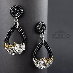 Black silver earrings. Statement geometric earrings. Beaded embroidered oversized drop. Stylish stunning earrings. Big beads chunky earrings by BusikoUA on Etsy Black And Silver Earrings, Black Beaded Earrings, Handmade Jewelry Ring, Chunky Earrings, High Fashion Jewelry, Statement Drop Earrings, Handmade Jewelry Designs, Homemade Jewelry, Earrings Inspiration