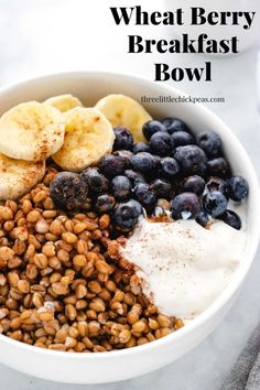 Wheat berry breakfast bowl with yogurt, blueberries, and banana slices. Grain Breakfast Bowl, Wheat Berry Recipes Breakfast, Breakfast Nourish Bowl, Wheat Berries Recipe, Wheat Berries Breakfast, Breakfast Grains, Barley Breakfast, Nutritional Healing