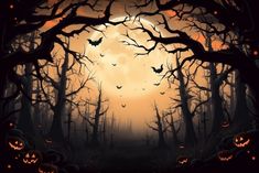 a halloween scene with pumpkins in the trees and bats on the ground at night