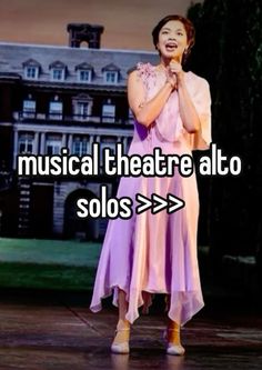 a woman standing on top of a stage with her hands clasped to her chest and the words musical theatre alto solos > > > >