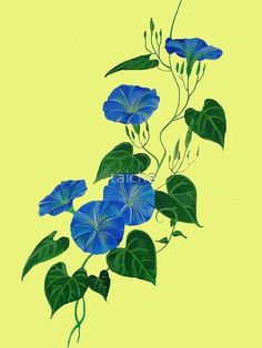 blue flowers with green leaves on a yellow background