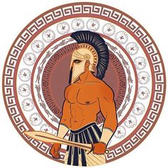 an image of a man holding a surfboard in front of a circular background with greek ornames