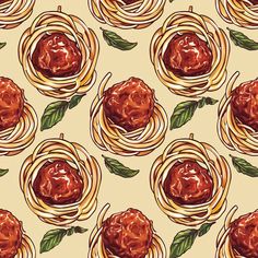 an image of spaghetti and meatballs with sauce on them seamless background pattern for fabric or wallpaper