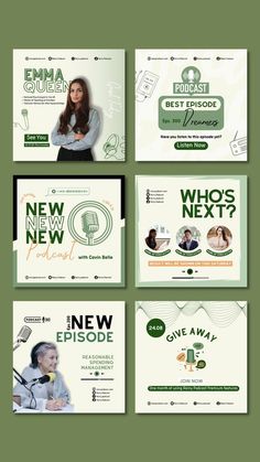 four different web pages with green and white designs on the front, back and side