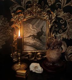 a cat sitting in front of a mirror next to a candle and skull on a table