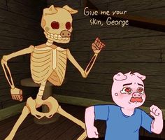 an animated image of a man with a skeleton on his head and a pig in front of him