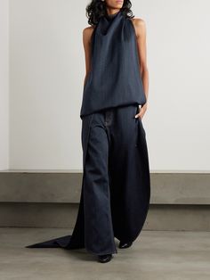 EXCLUSIVE AT NET-A-PORTER. Alaïa's jeans are completely unlike any others you already own. Made from denim, they're cut with relaxed, wide legs and a wrap-effect overlay and have contrasting topstitching to outline the shape. Pair yours with a cropped top to highlight the waist. Old Money Women, Ruched Boots, Party Dress Code, How To Wear A Blanket Scarf, Designer Hair Accessories, Androgynous Style, Capsule Closet, Jean Large, Denim Ideas