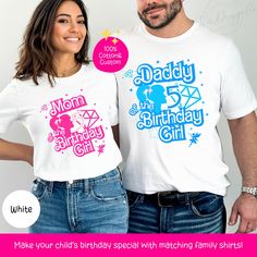 a man and woman wearing matching shirts with the words mom, birthday girl on them