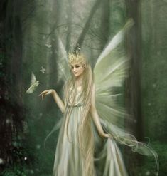 a fairy is standing in the woods with her wings spread out and holding a butterfly