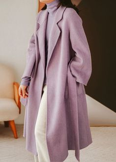 Modern Purple Notched Collar Solid Color Sashes Woolen Coat WinterFabric: WoolenSize & Fit: Fit: This garment fits true to size.Length: Size S measures 44.85"from shoulder to hemBust: Great for any cup size. Waist: Loose Fit. Comfortable room throughout midsection.Hip: Loose Fit - room for hips. Hand Wash Cold. Woolen Coat Winter, Mode Mantel, Lavender Silk, Mode Casual, Looks Street Style, Coat Winter, Woolen Coat, Moda Vintage, Silk Wool