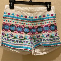 Sz 2. 100% Cotton Questions? Please Leave A Comment Below! Embroidered Summer Vacation Bottoms, Summer Cotton Shorts With Floral Embroidery, Embroidered Blue Bottoms For Beach, Casual Multicolor Floral Embroidered Bottoms, Casual Multicolor Floral Embroidery Bottoms, Fitted Beach Bottoms With Floral Embroidery, Floral Embroidered Cotton Summer Shorts, Fitted White Embroidered Bottoms, Cotton Bottoms With Multicolor Embroidery