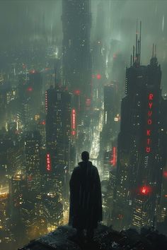 a man standing on top of a building next to a city filled with tall buildings