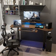 a computer desk with two monitors on it