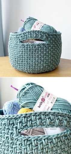 two pictures of yarn in a basket on top of a table with the words free knitting pattern