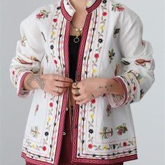 Kimono Style Cotton Jacket By Zara. Size Small Msrp: $89 100 Cotton. Embroidered Outerwear For Daywear In Fall, Embroidered Stand Collar Top For Fall, Embroidered Outerwear For Fall Daywear, Fall Embroidered Top With Stand Collar, Embroidered Fall Outerwear For Daywear, Fall Floral Embroidery Tops With Stand Collar, Spring Outerwear With Floral Embroidery And Stand Collar, Floral Embroidered Stand Collar Outerwear For Spring, White Folk Outerwear For Winter