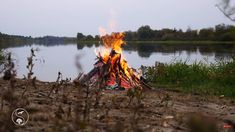 there is a fire burning in the middle of the grass by the water's edge