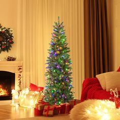 a living room with a christmas tree and presents