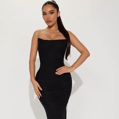 Fashion Nova Black Dress In Size Large. (Never Worn) Ordered For An Event But Didn’t Get It In Time. Black Ruched Bodycon Strapless Dress, Black Ruched Strapless Bodycon Dress, Black Strapless Midi Dress For Date Night, Black Bodycon Strapless Dress For Date Night, Fashion Nova Black Dress, Fashion Nova Dress, Fashion Nova Dresses, Dresses Black, In Time