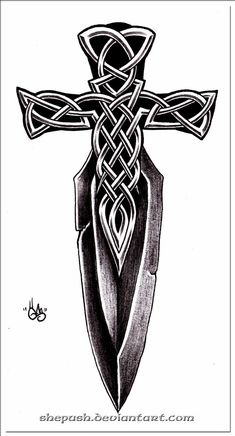 a cross with an intricate design on the front and back of it is drawn in black ink