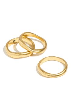 Made of recycled brass, this set of three band rings has an artful, organic feel. Set of three rings   Recycled metal/goldtone plate   Imported Three Rings, Eternity Band Ring, Diy Kits Gift, Recycled Metal, Keep Jewelry, Stacking Rings, Eternity Bands, Gold Plated Sterling Silver, Womens Jewelry Rings