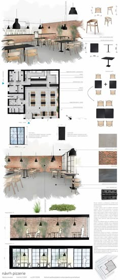 an architectural diagram shows the various sections of a building and its surroundings, including tables, chairs