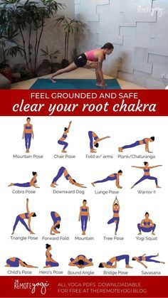 a woman doing yoga poses in front of a brick wall with the words, feel grounded and safe clear your root chakra