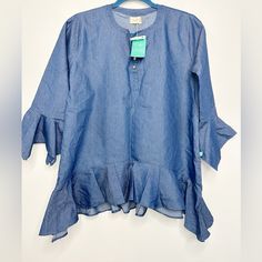 Amazon Brand. Woman’s Us Size Small. New With Tag Condition, Nwt. Casual Ruffled Blouse With 3/4 Sleeves, Casual Ruffled Half Sleeve Blouse, Casual Half Sleeve Blouse With Ruffles, Casual Blouse With Ruffles And 3/4 Sleeves, Cotton Tops With Ruffles And 3/4 Sleeves, Chambray, Sleeve Top, Color Blue, Womens Tops