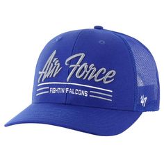 the air force hat is blue and has white lettering on it