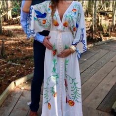 5favorite Gorgeous Embroidered Maternity Gown. Ships In 14-16 Days. Words Can’t Describe How Beautiful This Piece Is. Similar To Fillyboo “Strange Magic” Gown. This Is Oversized And Designed To Fit Allthis Is One Size, Sizes Are Listed As Reference. Bust-130cm Sleeve-40cm Length-135cm White Bohemian Embroidered Gown, White Bohemian Gown With Intricate Embroidery, Bohemian White Gown With Intricate Embroidery, White Embroidered Maxi Length Gown, White Embroidered Maxi Gown, White Maxi Length Gown With Floral Embroidery, White Maxi Gown With Floral Embroidery, White Floral Embroidered Maxi Gown, Embroidered V-neck Maxi Dress For Wedding