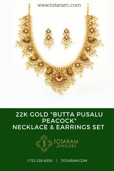 Inspired from Nizami jewellery, this 22k Gold Butta Pusalu Peacock necklace and earring set is a vibrant, must-have purchase for all Telangana Brides. #nizamijewellery #22kgold #necklace #earrings #indianwedding #indianbride #peacock Light Weight Guttapusalu Necklace Gold, 22 Karat Gold Jewelry, Gutta Pusalu, Peacock Necklace, India Gift, Temple Jewellery, Gold Jewellery Design, Screw Back Earrings, 22k Gold