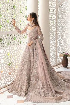 Embellished Long Tail Pakistani Bridal Gown And Dupatta Lavender Pakistani Bridal, Pakistani Gowns Bridal, Desi Wedding Dresses Pakistani Bridal, Desi Bridal Dresses, Purple Pakistani Dress, Pakistani Bridal Gown, Pakistani Gowns, Gown Pakistani, Tail Gown