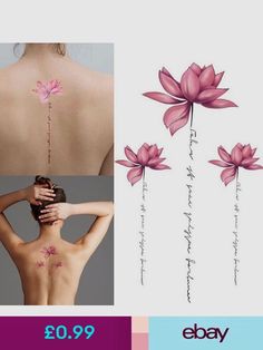 the back of a woman's body with pink flowers and words on her chest