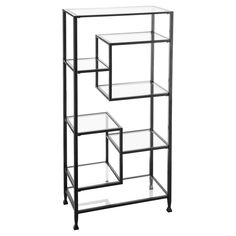 three glass shelves with black metal frames