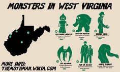 an illustrated map shows the locations of monsters in west virginia, and where they are located