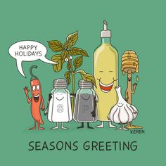 an image of happy holidays season's greeting card with cartoon vegetables and bottles on green background